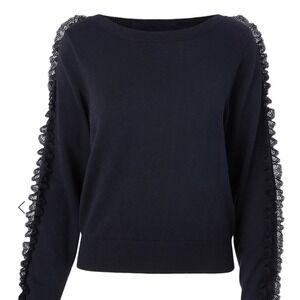 See By Chloe Dark Navy Lace Trim Ruffle Sleeve Crew Neck Sweater XS
